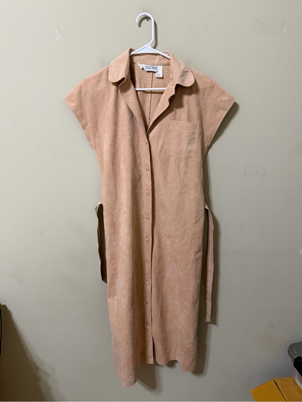 Ernst Strauss vintage retro Button-Front Midi Dress tan trench coat duster suede